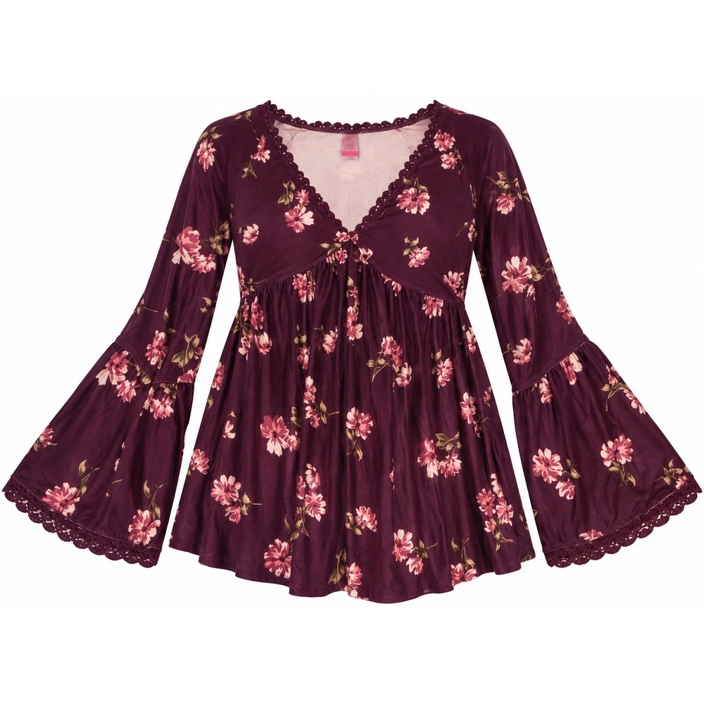 Babydoll Boho Blouse Top M Maroon Bell Sleeve Retro Cottagecore Whimsigoth